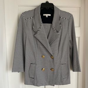 Cabi classic navy/white striped blazer with 3/4 length sleeves and gold buttons.
